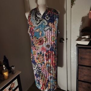 Accordion Pleated Paisley Print Cutaway Arms Dress XXL